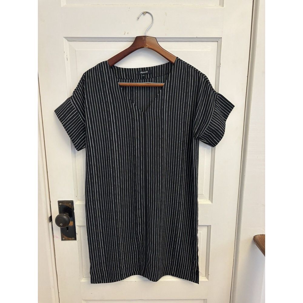 Madewell Novel Shift Dress in Chalkboard Stripe V-Neck Black‎ White Size Small - Picture 3 of 8